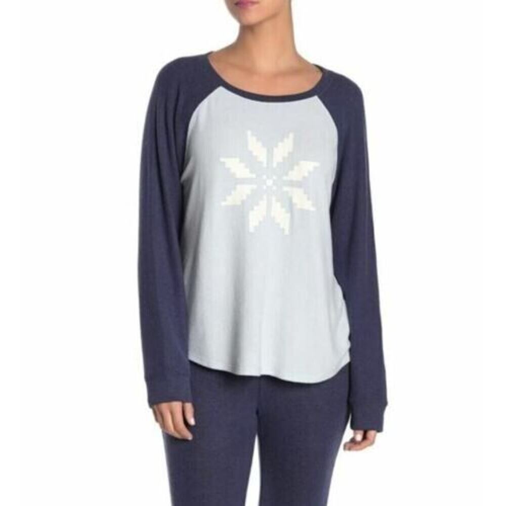 Free Press Womens Raglan Hacci Long‎ Sleeve Sweater Curved Hem Blue Snowflake M